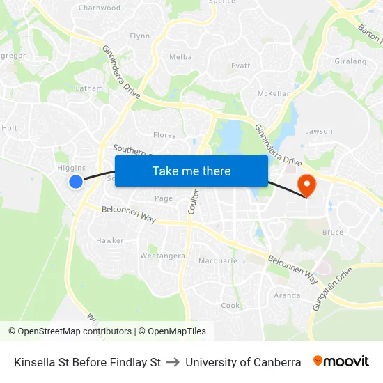 Kinsella St Before Findlay St to University of Canberra map