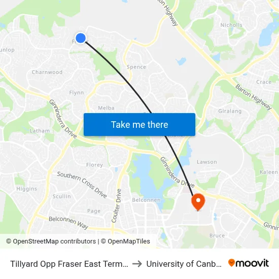 Tillyard Opp Fraser East Terminus to University of Canberra map