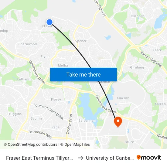 Fraser East Terminus Tillyard Dr to University of Canberra map