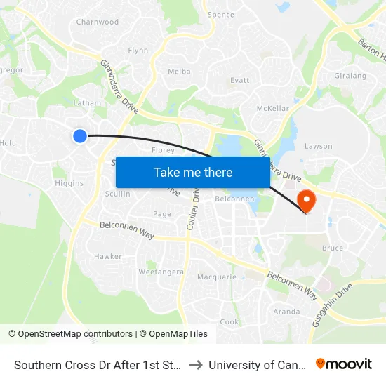 Southern Cross Dr After 1st Starke St to University of Canberra map