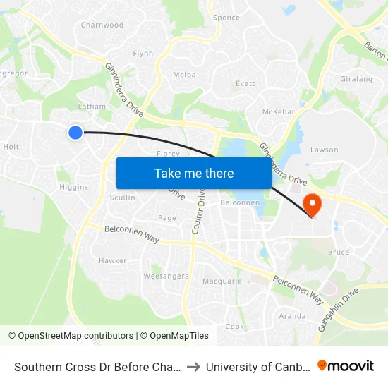 Southern Cross Dr Before Chave St to University of Canberra map