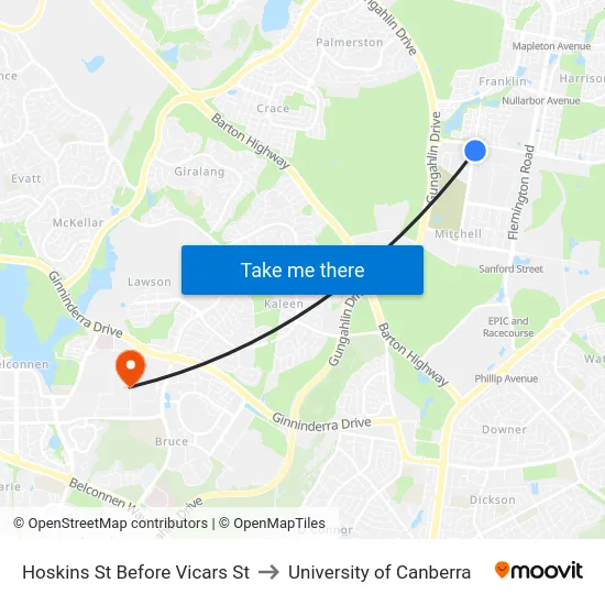 Hoskins St Before Vicars St to University of Canberra map