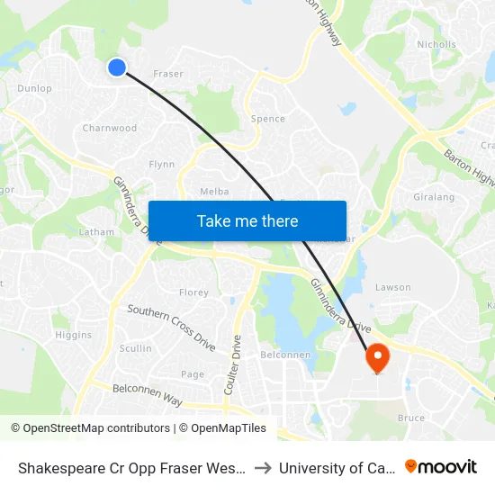 Shakespeare Cr Opp Fraser West Terminus to University of Canberra map