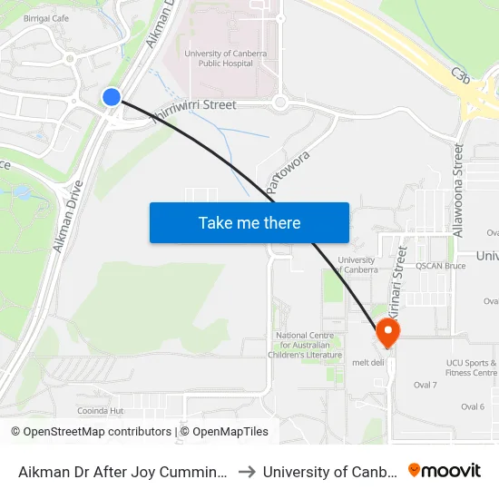 Aikman Dr After Joy Cummings Pl to University of Canberra map
