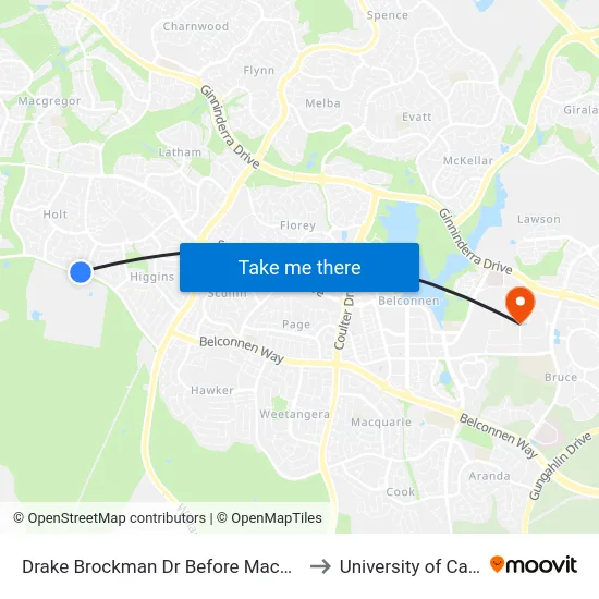 Drake Brockman Dr Before Macnaughton St to University of Canberra map