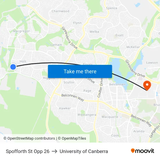 Spofforth St Opp 26 to University of Canberra map