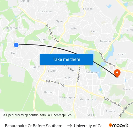 Beaurepaire Cr Before Southern Cross Dr to University of Canberra map