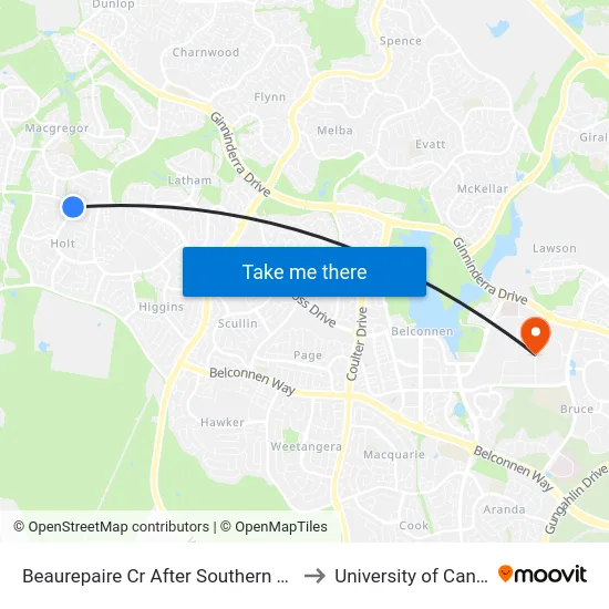 Beaurepaire Cr After Southern Cross Dr to University of Canberra map