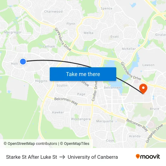 Starke St After Luke St to University of Canberra map
