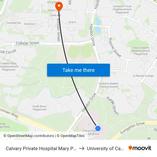 Calvary Private Hospital Mary Potter Cct to University of Canberra map