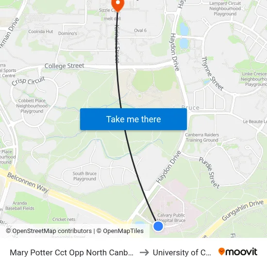 Mary Potter Cct Opp North Canberra Hospital to University of Canberra map