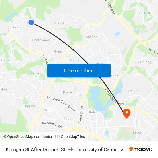 Kerrigan St After Dunnett St to University of Canberra map