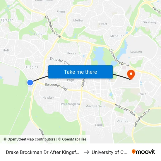 Drake Brockman Dr After Kingsford Smith Dr to University of Canberra map