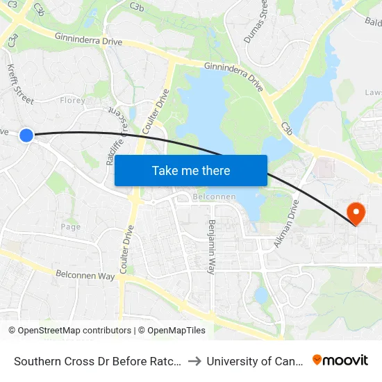 Southern Cross Dr Before Ratcliffe Cr to University of Canberra map