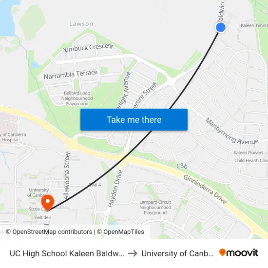 UC High School Kaleen Baldwin Dr to University of Canberra map