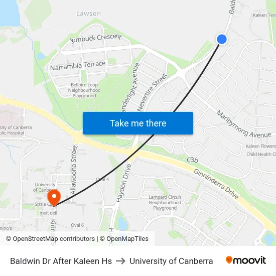 Baldwin Dr After Kaleen Hs to University of Canberra map