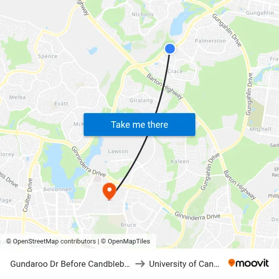 Gundaroo Dr Before Candblebark Cl to University of Canberra map