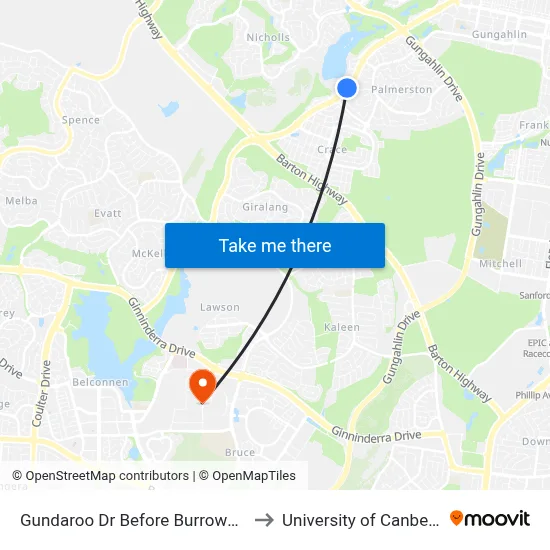 Gundaroo Dr Before Burrowa St to University of Canberra map