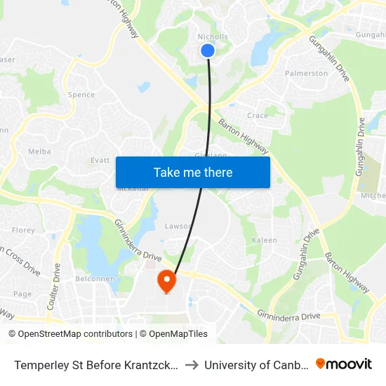 Temperley St Before Krantzcke Cct to University of Canberra map