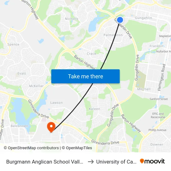 Burgmann Anglican School Valley Campus to University of Canberra map