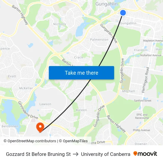 Gozzard St Before Bruning St to University of Canberra map