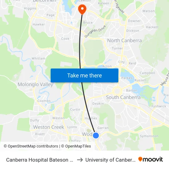Canberra Hospital Bateson Rd to University of Canberra map