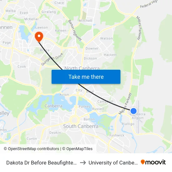 Dakota Dr Before Beaufighter St to University of Canberra map