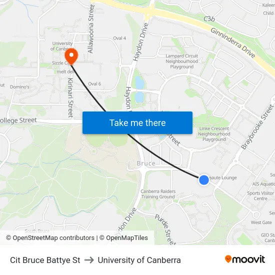 Cit Bruce Battye St to University of Canberra map