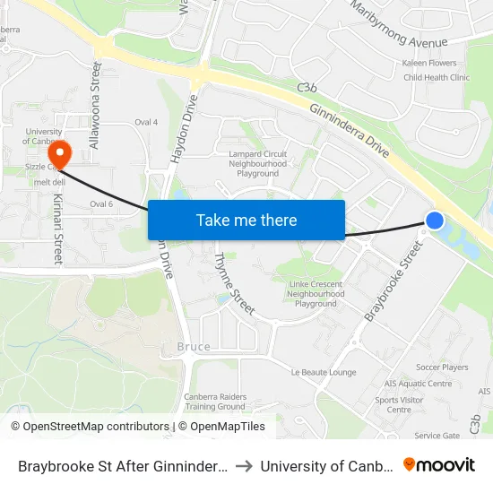 Braybrooke St After Ginninderra Dr to University of Canberra map