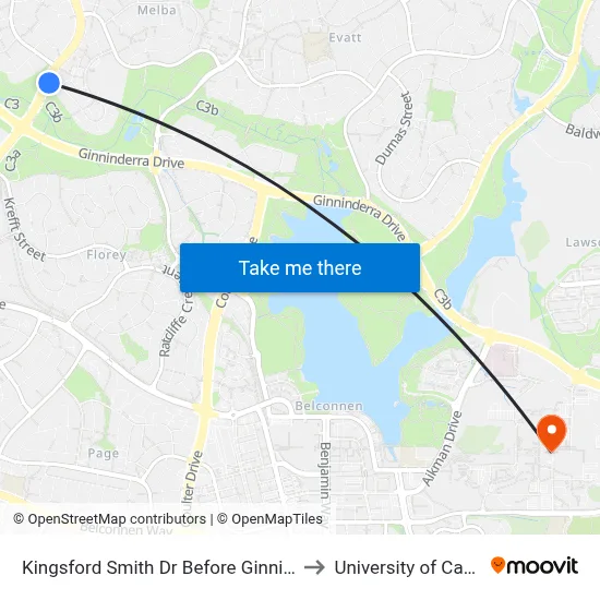 Kingsford Smith Dr Before Ginninderra Dr to University of Canberra map