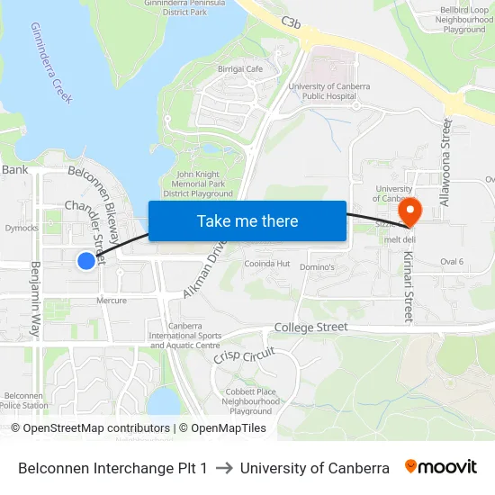 Belconnen Interchange Plt 1 to University of Canberra map