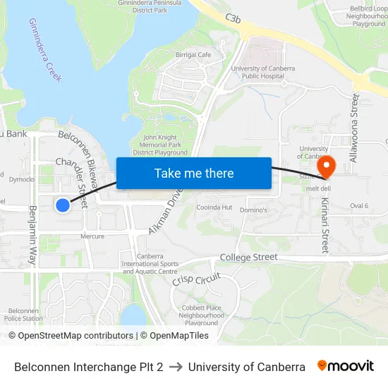 Belconnen Interchange Plt 2 to University of Canberra map