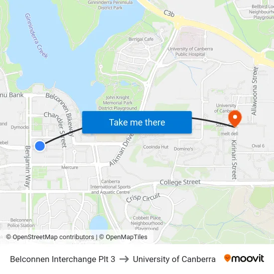 Belconnen Interchange Plt 3 to University of Canberra map