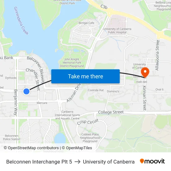Belconnen Interchange Plt 5 to University of Canberra map
