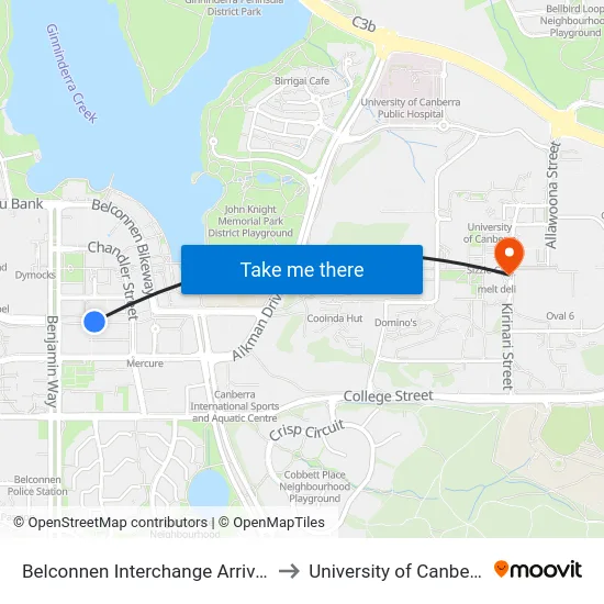 Belconnen Interchange Arrivals to University of Canberra map