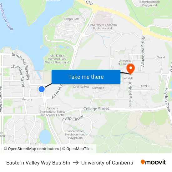 Eastern Valley Way Bus Stn to University of Canberra map