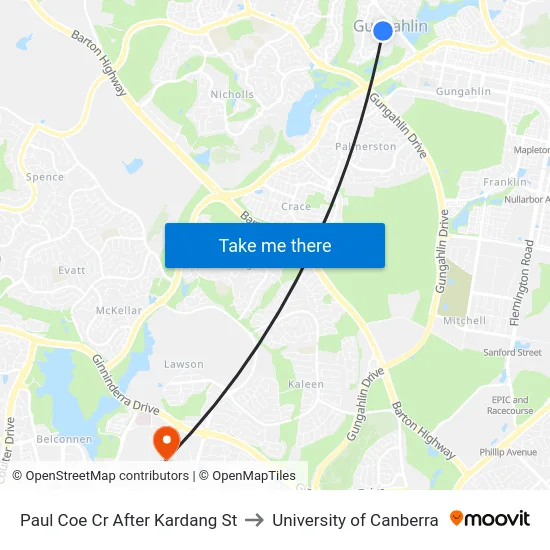 Paul Coe Cr After Kardang St to University of Canberra map