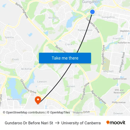 Gundaroo Dr Before Nari St to University of Canberra map