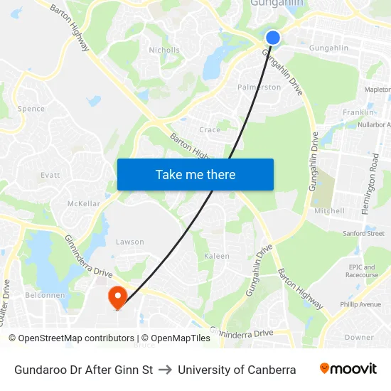 Gundaroo Dr After Ginn St to University of Canberra map