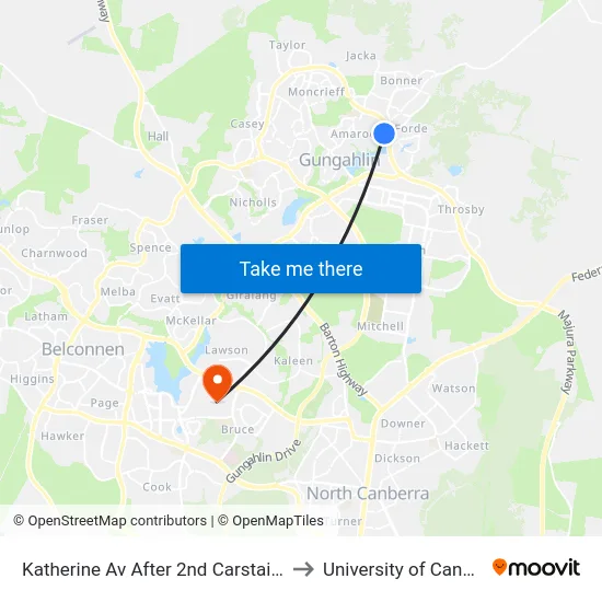 Katherine Av After 2nd Carstairs Cct to University of Canberra map