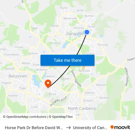 Horse Park Dr Before David Walsh Av to University of Canberra map