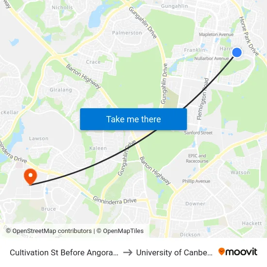 Cultivation St Before Angora St to University of Canberra map