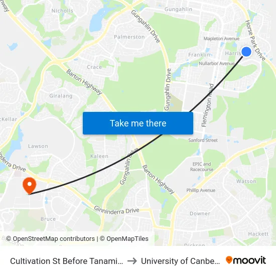 Cultivation St Before Tanami St to University of Canberra map