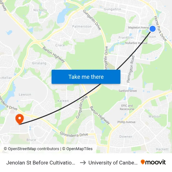 Jenolan St Before Cultivation St to University of Canberra map