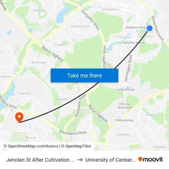 Jenolan St After Cultivation St to University of Canberra map