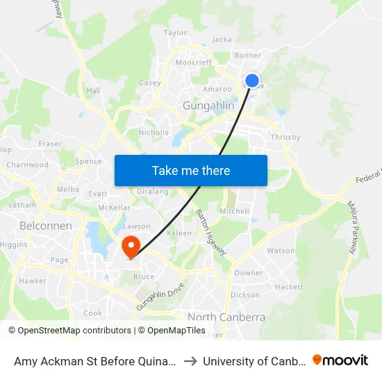 Amy Ackman St Before Quinane Av to University of Canberra map