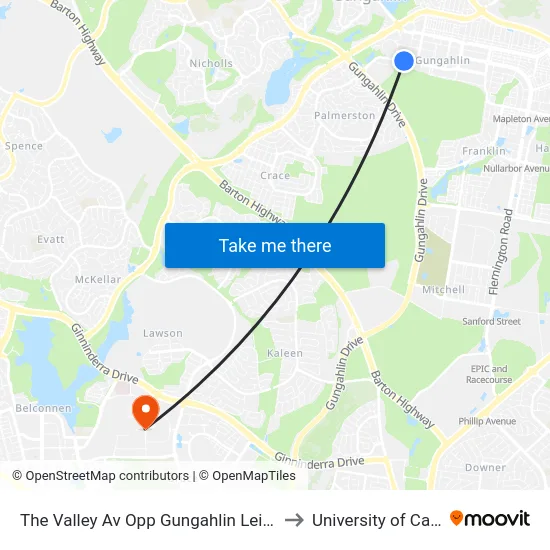 The Valley Av Opp Gungahlin Leisure Centre to University of Canberra map