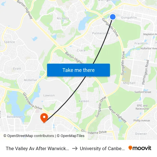 The Valley Av After Warwick St to University of Canberra map