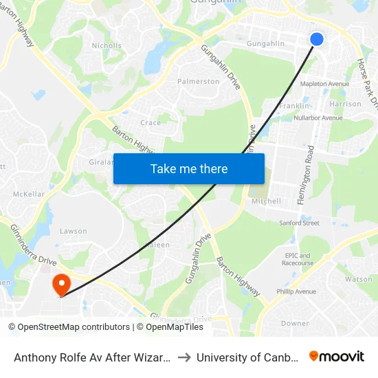 Anthony Rolfe Av After Wizard St to University of Canberra map