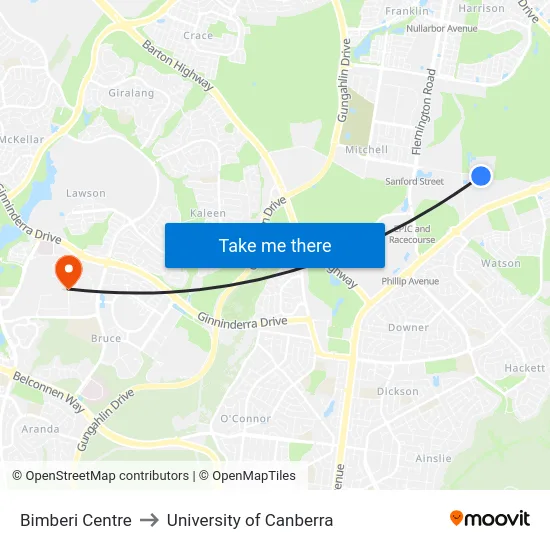 Bimberi Centre to University of Canberra map